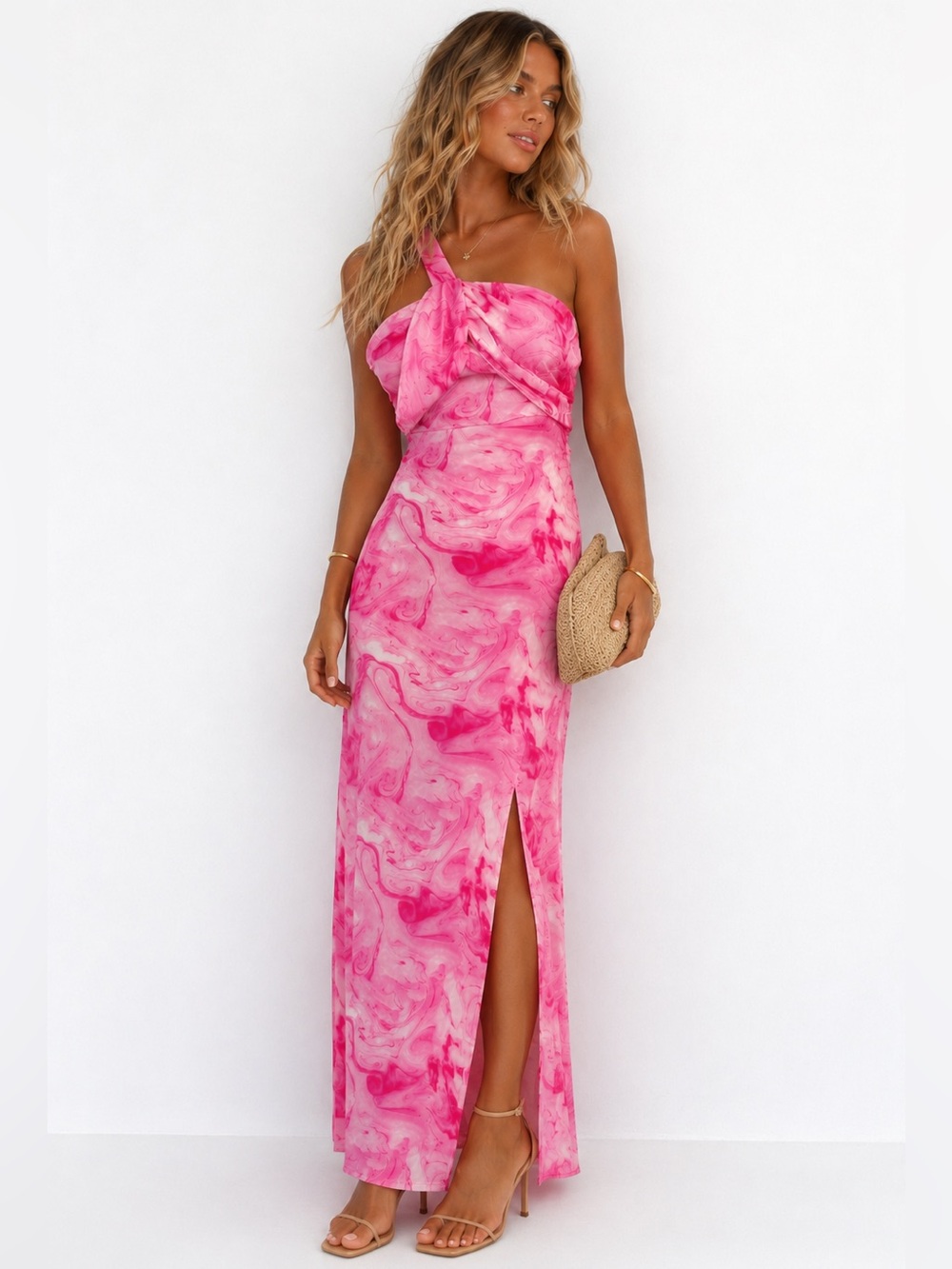 Pink One-Shoulder Marble Maxi Dress with Side Slit
